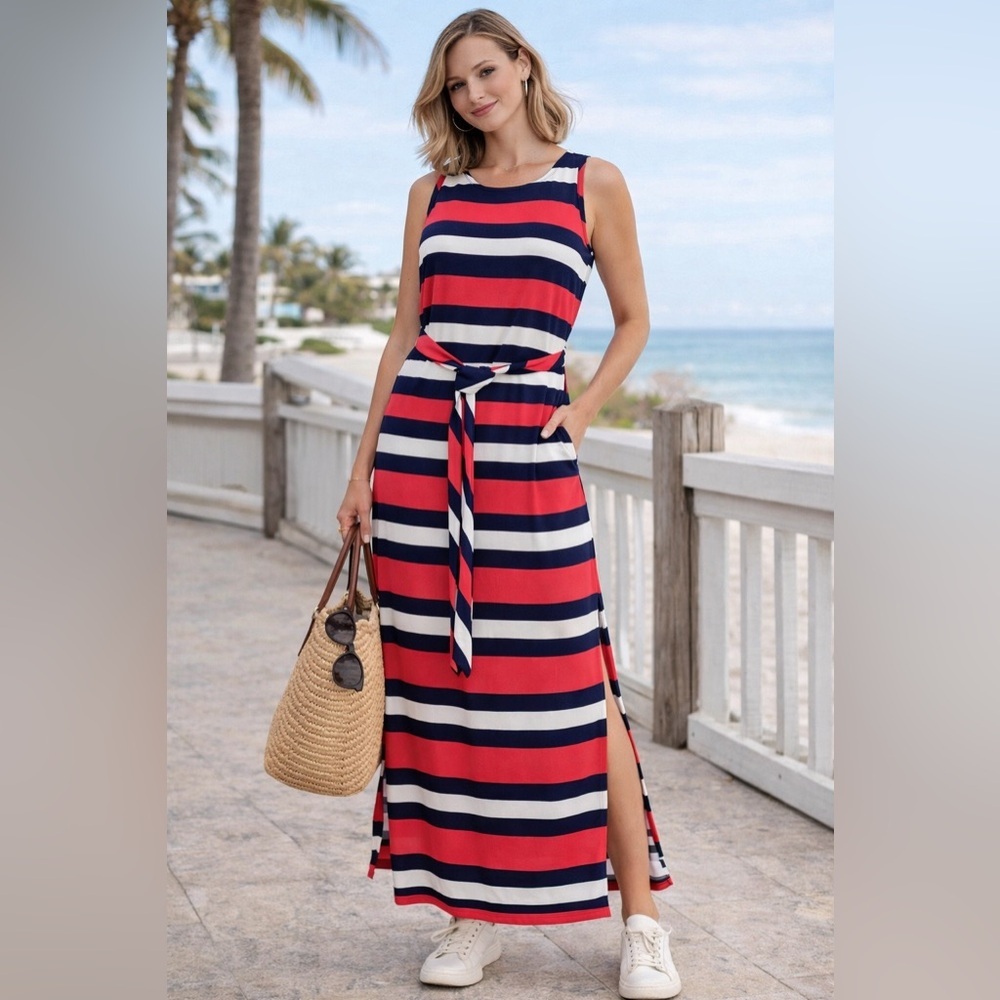 Banana Republic Striped Maxi Dress XS Navy Red White Tie Waist Sleeveless - Picture 1 of 4
